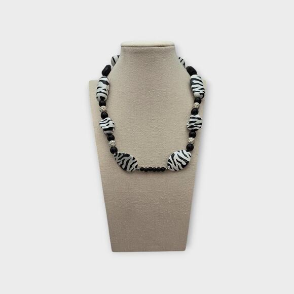 Zebra Print Beaded Statement Necklace – Black & White - Picture 7 of 8